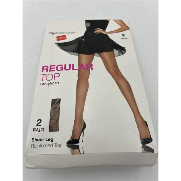 Hanes Regular Top Pantyhose Reinforced Toe Sheer Leg Size B Nude (2 Pair) - Picture 1 of 4